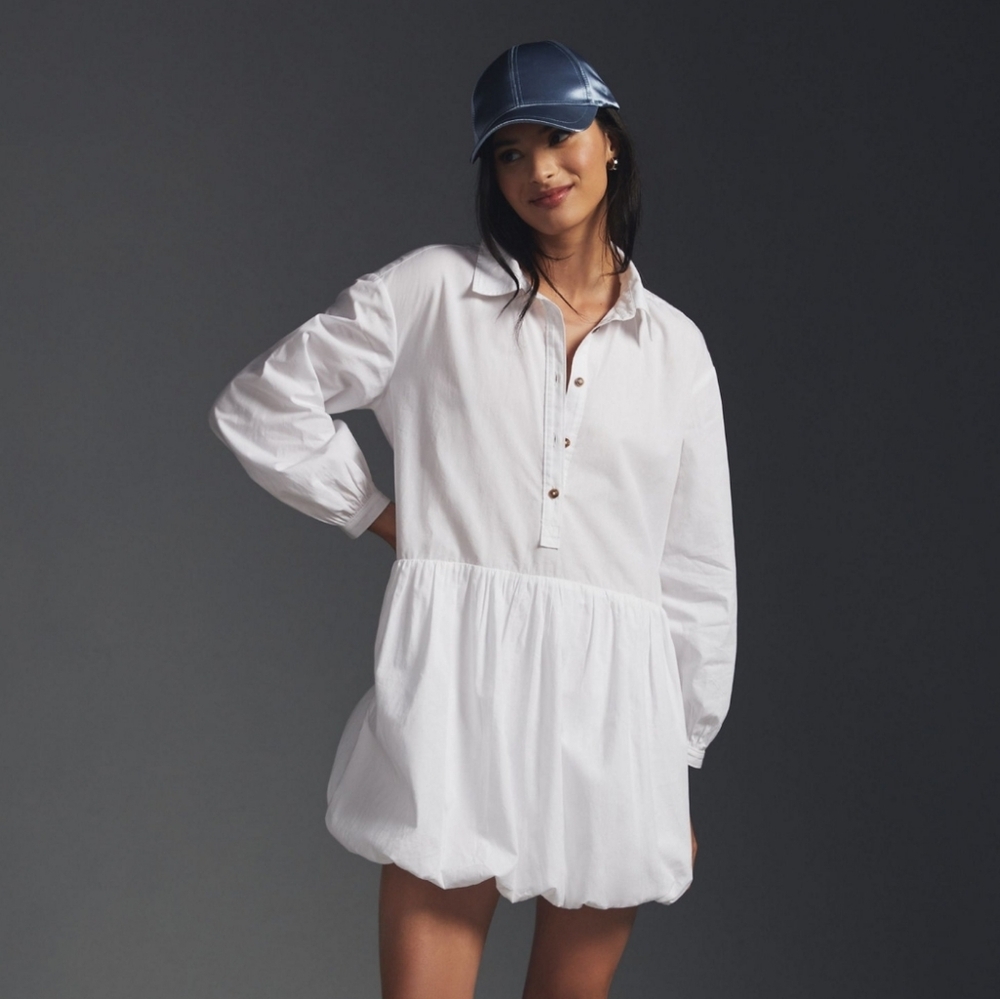 Anthropologie Maeve Women's White Bubble-hem Shirt Dress Size Medium